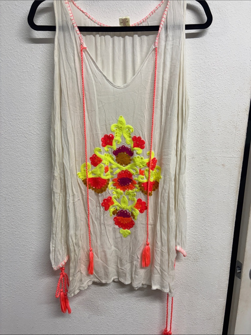 Women’s Cream Crochet-Accent Swim Coverup with Neon Embroidery